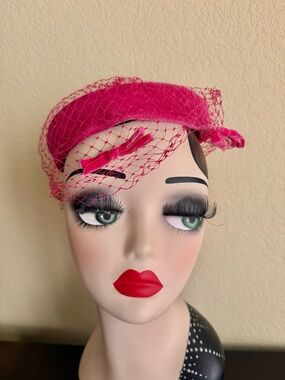 Vintage Vibrant Pink Halo Hat with Netting and Pink Velvet Bows Union-Made